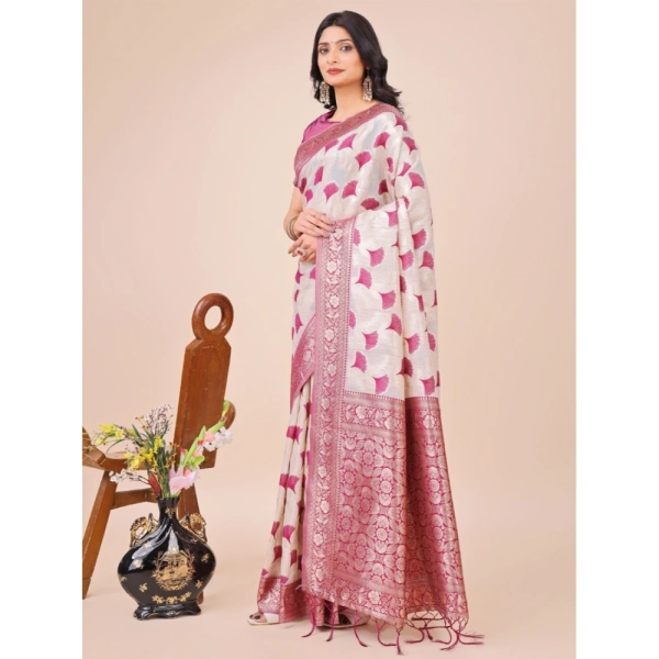 Generic Women's Linen Cotton Printed Saree With Unstitched Blouse 5.5Mtr (Magenta) - Magenta