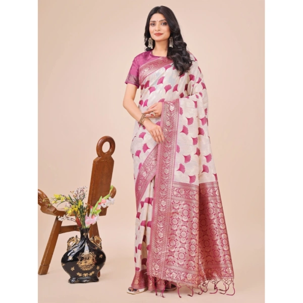 Generic Women's Linen Cotton Printed Saree With Unstitched Blouse 5.5Mtr (Magenta) - Magenta