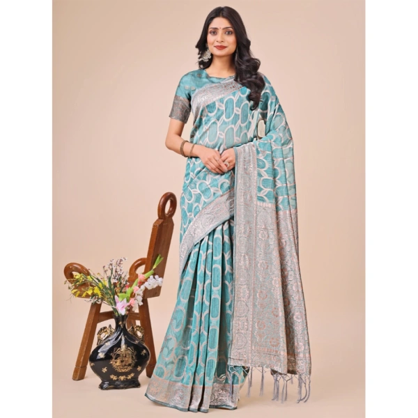 Generic Women's Linen Cotton Printed Saree With Unstitched Blouse 5.5Mtr (Teal) - Teal
