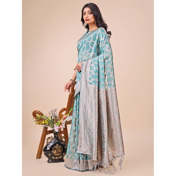 Generic Women's Linen Cotton Printed Saree With Unstitched Blouse 5.5Mtr (Teal) - Teal