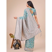 Generic Women's Linen Cotton Printed Saree With Unstitched Blouse 5.5Mtr (Teal) - Teal