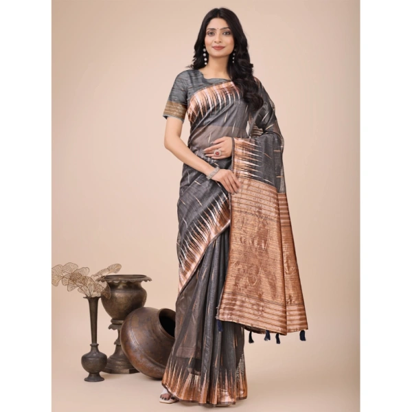Generic Women's Linen Cotton Printed Saree With Unstitched Blouse 5.5Mtr (Grey) - Grey