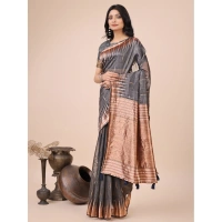 Generic Women's Linen Cotton Printed Saree With Unstitched Blouse 5.5Mtr (Grey) - Grey