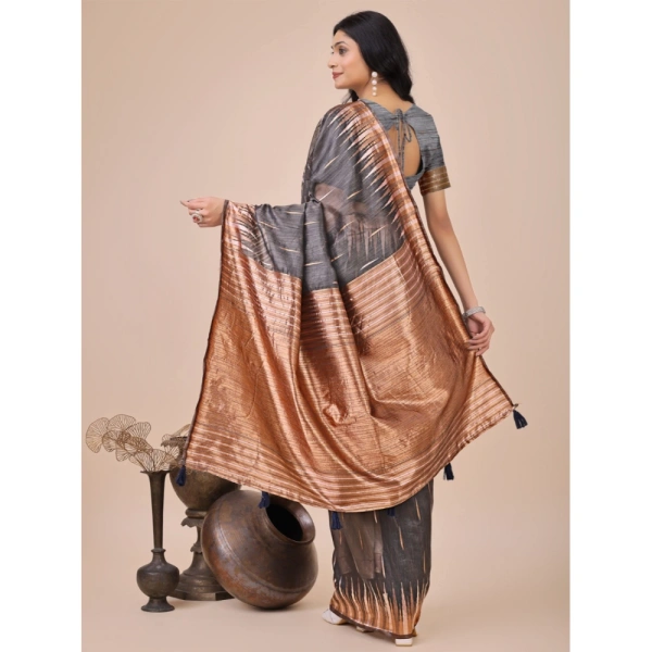 Generic Women's Linen Cotton Printed Saree With Unstitched Blouse 5.5Mtr (Grey) - Grey
