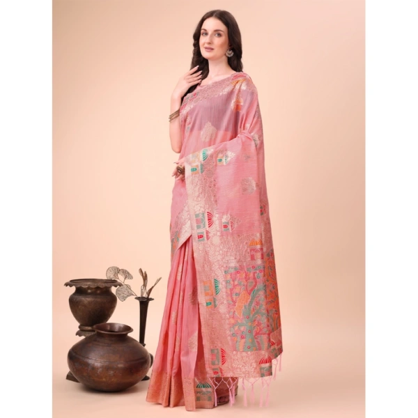 Generic Women's Linen Cotton Printed Saree With Unstitched Blouse 5.5Mtr (Pink) - Pink
