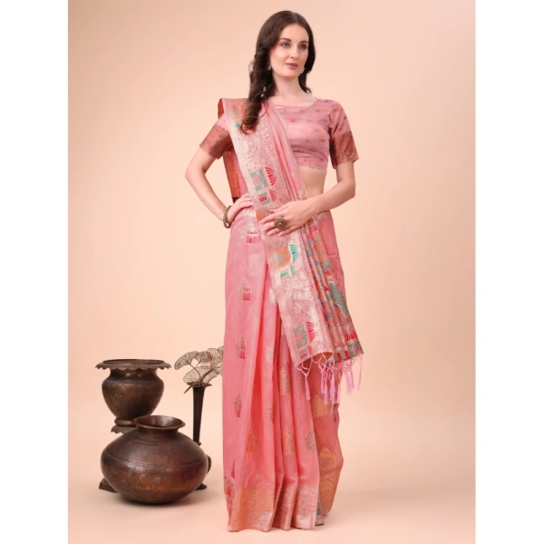 Generic Women's Linen Cotton Printed Saree With Unstitched Blouse 5.5Mtr (Pink) - Pink