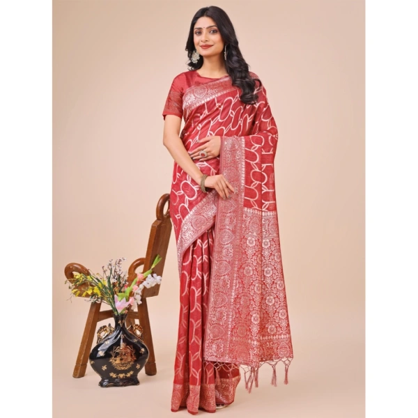 Generic Women's Linen Cotton Printed Saree With Unstitched Blouse 5.5Mtr (Red) - Red