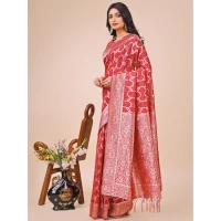 Generic Women's Linen Cotton Printed Saree With Unstitched Blouse 5.5Mtr (Red) - Red