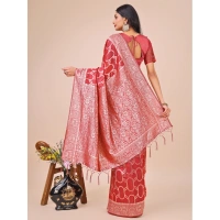 Generic Women's Linen Cotton Printed Saree With Unstitched Blouse 5.5Mtr (Red) - Red