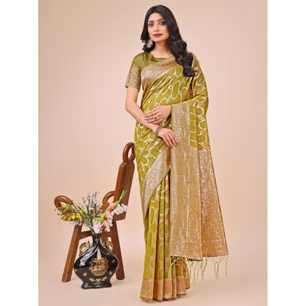 Generic Women's Linen Cotton Printed Saree With Unstitched Blouse 5.5Mtr (Olive Green) - Olive Green