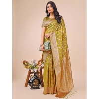 Generic Women's Linen Cotton Printed Saree With Unstitched Blouse 5.5Mtr (Olive Green) - Olive Green