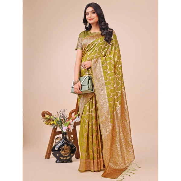 Generic Women's Linen Cotton Printed Saree With Unstitched Blouse 5.5Mtr (Olive Green) - Olive Green