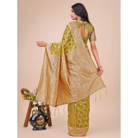 Generic Women's Linen Cotton Printed Saree With Unstitched Blouse 5.5Mtr (Olive Green) - Olive Green