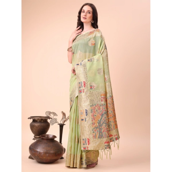 Generic Women's Linen Cotton Printed Saree With Unstitched Blouse 5.5Mtr (Light Green) - Light Green