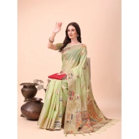 Generic Women's Linen Cotton Printed Saree With Unstitched Blouse 5.5Mtr (Light Green) - Light Green