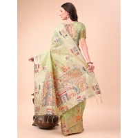 Generic Women's Linen Cotton Printed Saree With Unstitched Blouse 5.5Mtr (Light Green) - Light Green