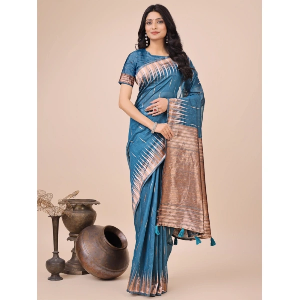 Generic Women's Linen Cotton Printed Saree With Unstitched Blouse 5.5Mtr (Blue) - Blue