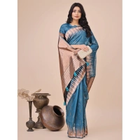 Generic Women's Linen Cotton Printed Saree With Unstitched Blouse 5.5Mtr (Blue) - Blue