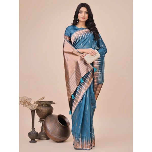 Generic Women's Linen Cotton Printed Saree With Unstitched Blouse 5.5Mtr (Blue) - Blue