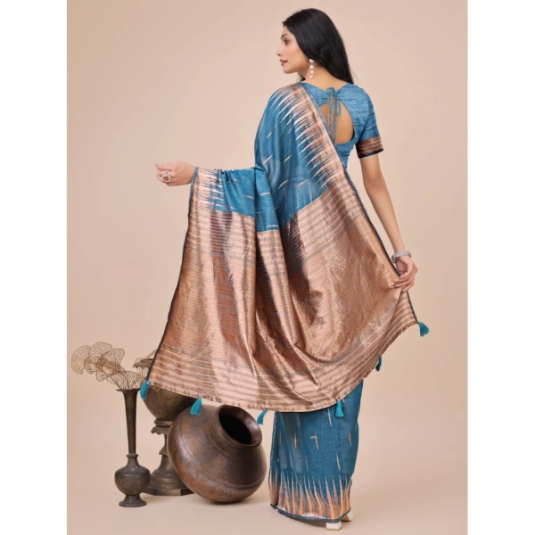 Generic Women's Linen Cotton Printed Saree With Unstitched Blouse 5.5Mtr (Blue) - Blue