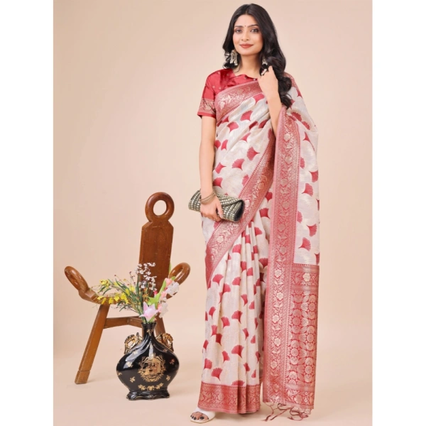 Generic Women's Linen Cotton Printed Saree With Unstitched Blouse 5.5Mtr (Maroon) - Maroon
