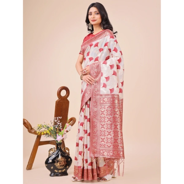 Generic Women's Linen Cotton Printed Saree With Unstitched Blouse 5.5Mtr (Maroon) - Maroon