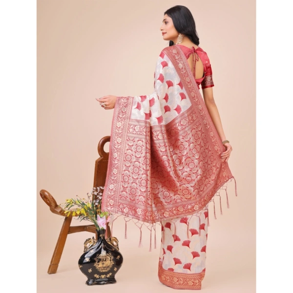 Generic Women's Linen Cotton Printed Saree With Unstitched Blouse 5.5Mtr (Maroon) - Maroon