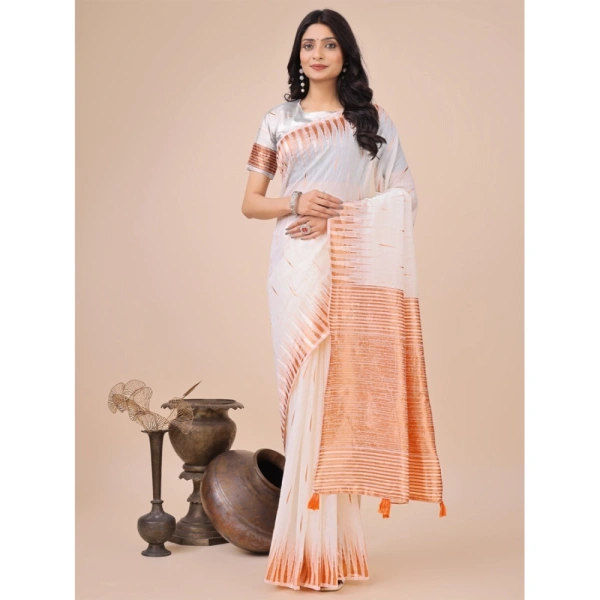 Generic Women's Linen Cotton Printed Saree With Unstitched Blouse 5.5Mtr (White) - White