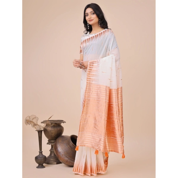 Generic Women's Linen Cotton Printed Saree With Unstitched Blouse 5.5Mtr (White) - White