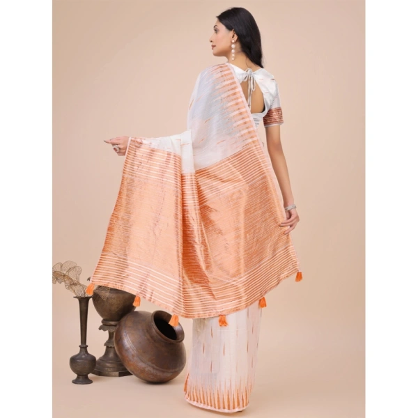 Generic Women's Linen Cotton Printed Saree With Unstitched Blouse 5.5Mtr (White) - White