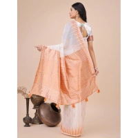 Generic Women's Linen Cotton Printed Saree With Unstitched Blouse 5.5Mtr (White) - White