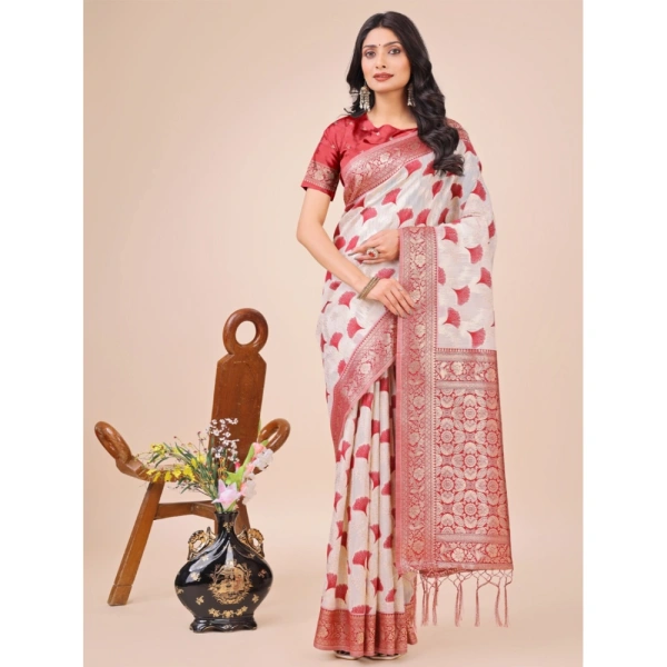 Generic Women's Linen Cotton Printed Saree With Unstitched Blouse 5.5Mtr (Red) - Red