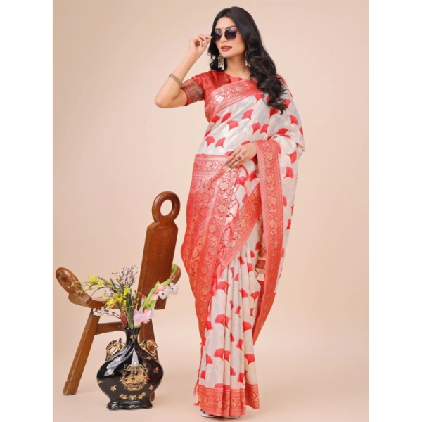 Generic Women's Linen Cotton Printed Saree With Unstitched Blouse 5.5Mtr (Red) - Red