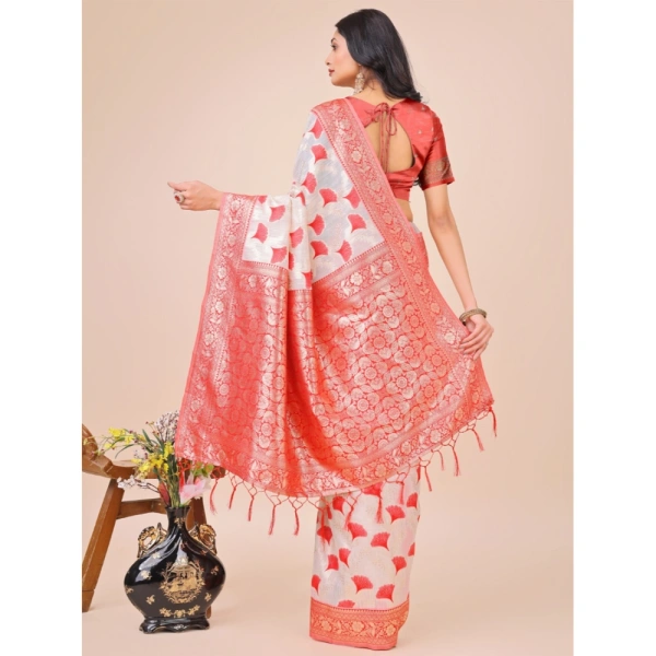 Generic Women's Linen Cotton Printed Saree With Unstitched Blouse 5.5Mtr (Red) - Red