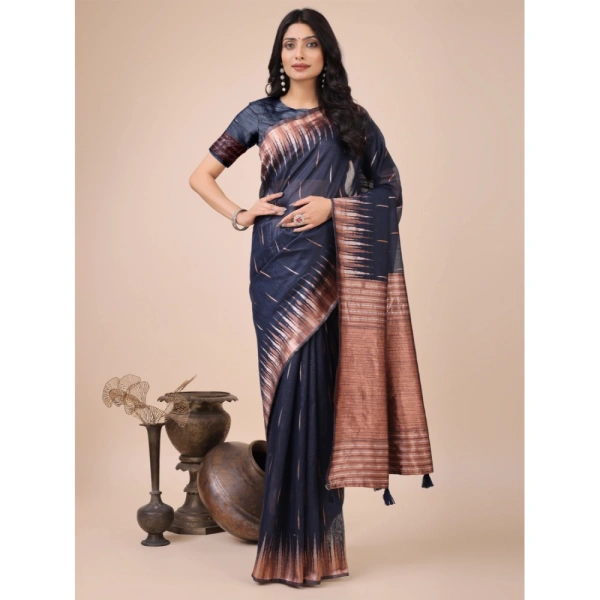 Generic Women's Linen Cotton Printed Saree With Unstitched Blouse 5.5Mtr (Navy Blue) - Navy Blue