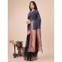 Generic Women's Linen Cotton Printed Saree With Unstitched Blouse 5.5Mtr (Navy Blue) - Navy Blue
