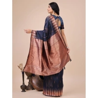 Generic Women's Linen Cotton Printed Saree With Unstitched Blouse 5.5Mtr (Navy Blue) - Navy Blue