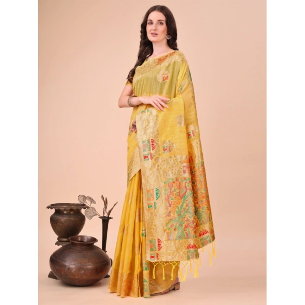 Generic Women's Linen Cotton Printed Saree With Unstitched Blouse 5.5Mtr (Yellow) - Yellow
