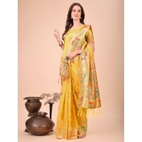 Generic Women's Linen Cotton Printed Saree With Unstitched Blouse 5.5Mtr (Yellow) - Yellow
