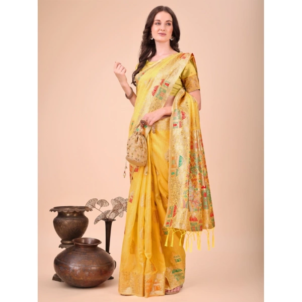 Generic Women's Linen Cotton Printed Saree With Unstitched Blouse 5.5Mtr (Yellow) - Yellow