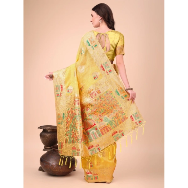 Generic Women's Linen Cotton Printed Saree With Unstitched Blouse 5.5Mtr (Yellow) - Yellow