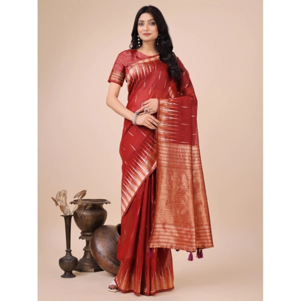 Generic Women's Linen Cotton Printed Saree With Unstitched Blouse 5.5Mtr (Red) - Red