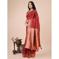 Generic Women's Linen Cotton Printed Saree With Unstitched Blouse 5.5Mtr (Red) - Red