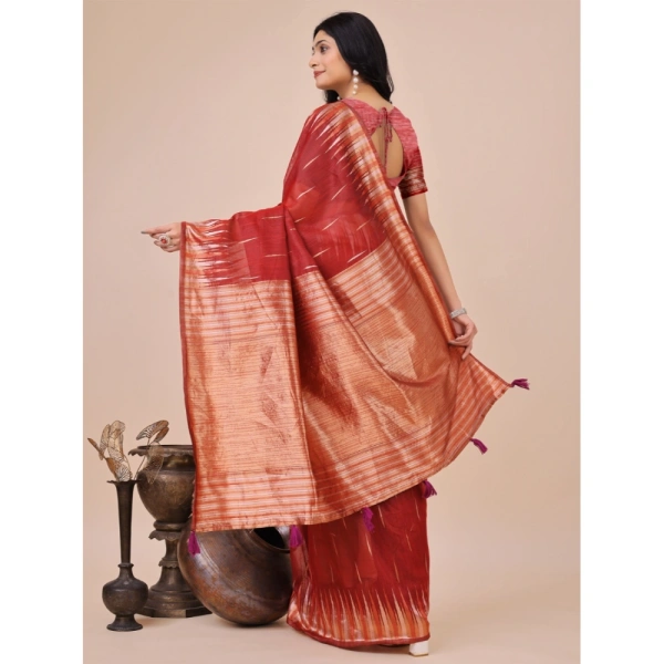 Generic Women's Linen Cotton Printed Saree With Unstitched Blouse 5.5Mtr (Red) - Red