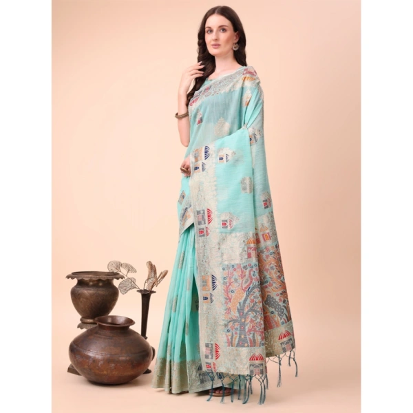 Generic Women's Linen Cotton Printed Saree With Unstitched Blouse 5.5Mtr (Sky Blue) - Sky Blue