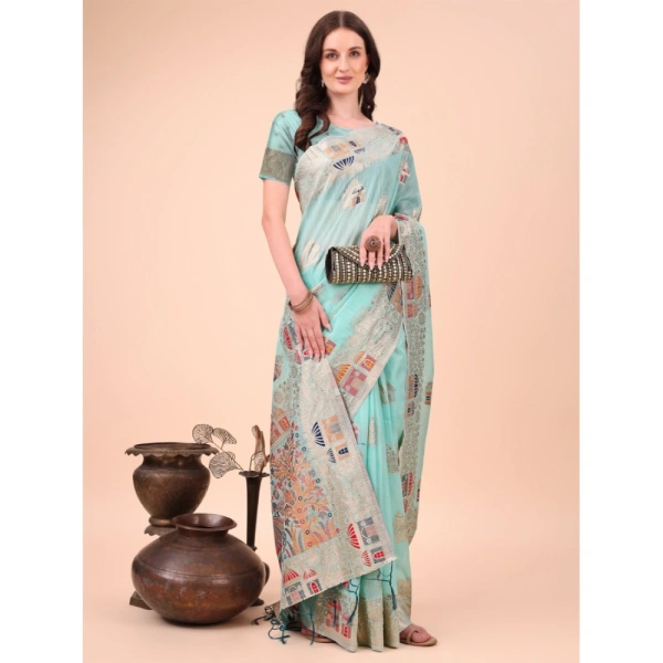 Generic Women's Linen Cotton Printed Saree With Unstitched Blouse 5.5Mtr (Sky Blue) - Sky Blue