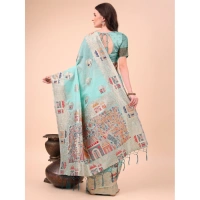 Generic Women's Linen Cotton Printed Saree With Unstitched Blouse 5.5Mtr (Sky Blue) - Sky Blue