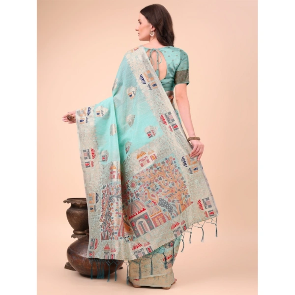 Generic Women's Linen Cotton Printed Saree With Unstitched Blouse 5.5Mtr (Sky Blue) - Sky Blue