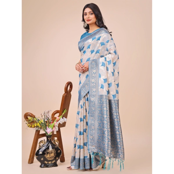 Generic Women's Linen Cotton Printed Saree With Unstitched Blouse 5.5Mtr (Sky Blue) - Sky Blue