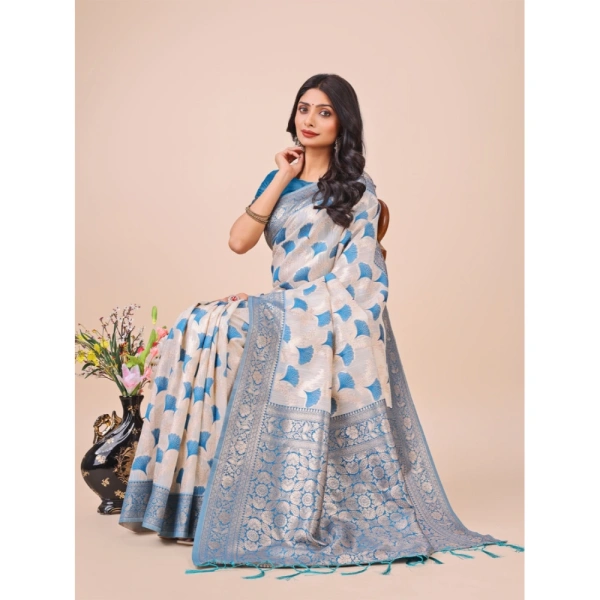 Generic Women's Linen Cotton Printed Saree With Unstitched Blouse 5.5Mtr (Sky Blue) - Sky Blue